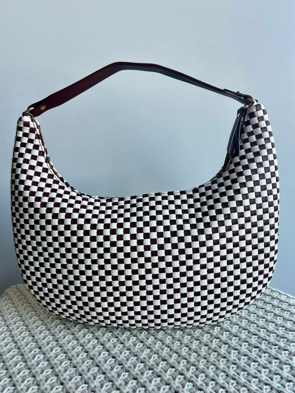 ah-dorned Woven Checkered Hobo Shoulder Bag Brown & White Vegan Leather